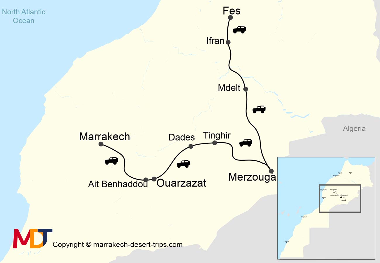 Itinerary map of the 3 days Fes to Marrakech desert tour