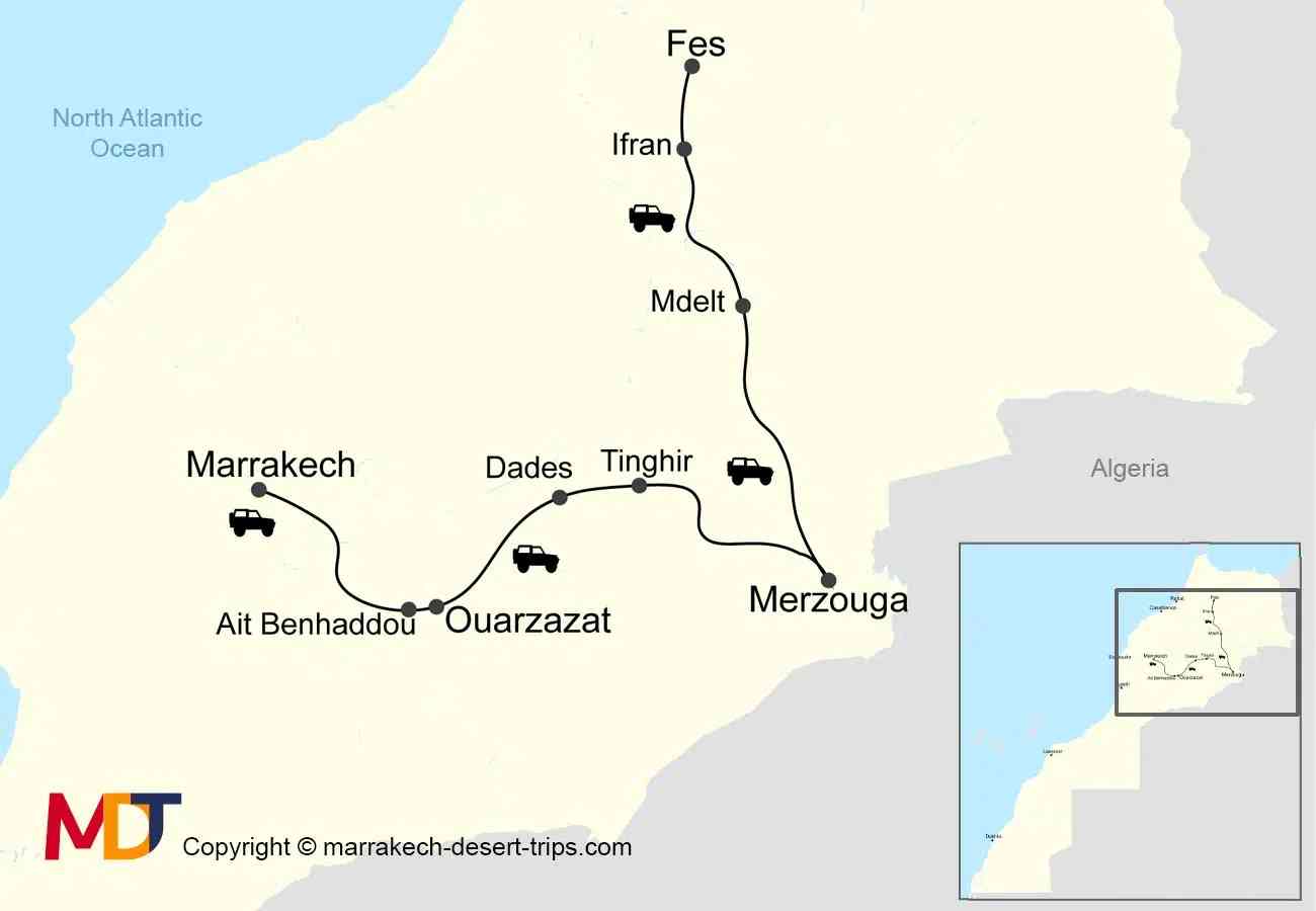 Map illustrating the Marrakech to Fes 4-day desert tour route through Morocco.