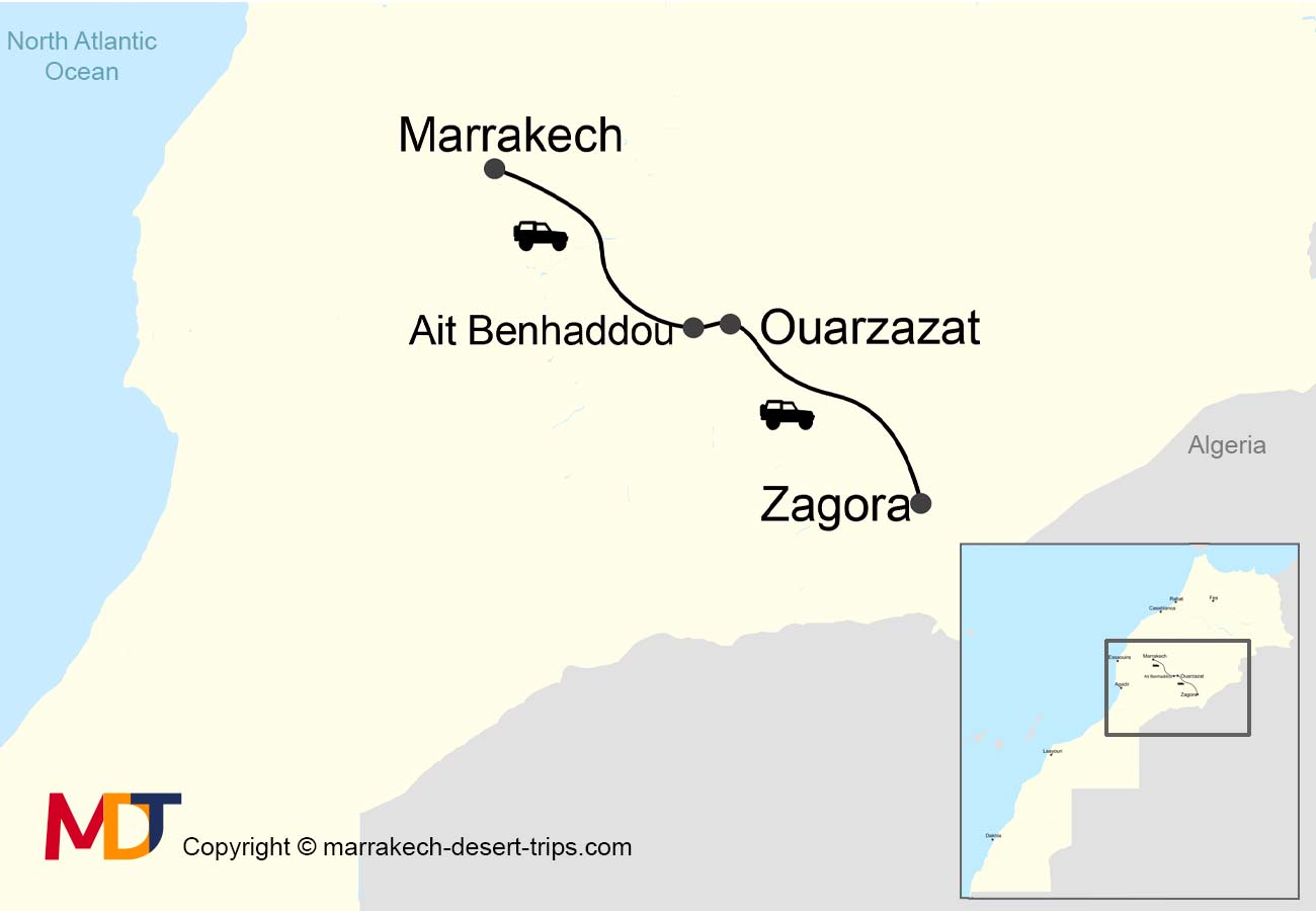 Itinerary map of the private 2 days tour from Marrakech to Zagora desert