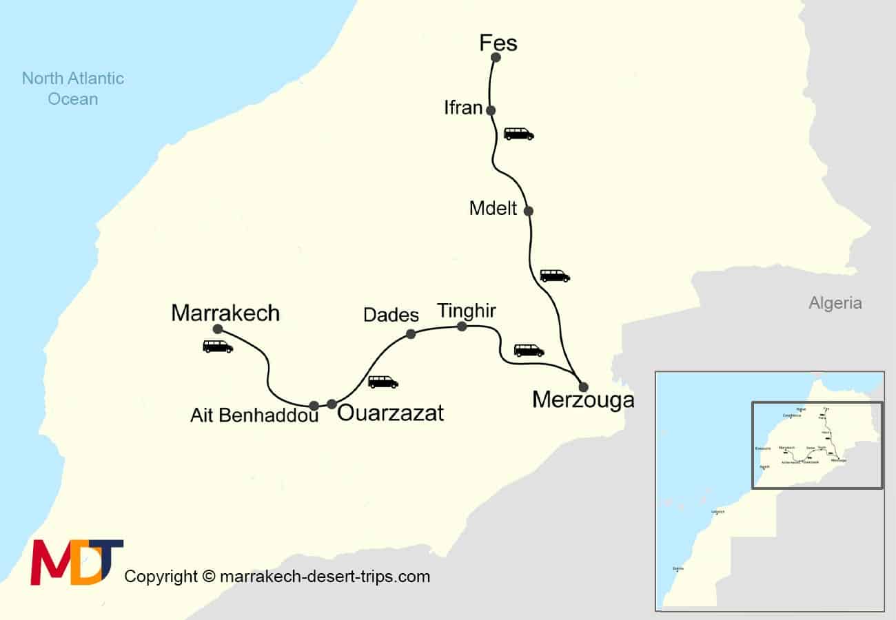 Map of Shared Marrakech to Fes Desert Tour