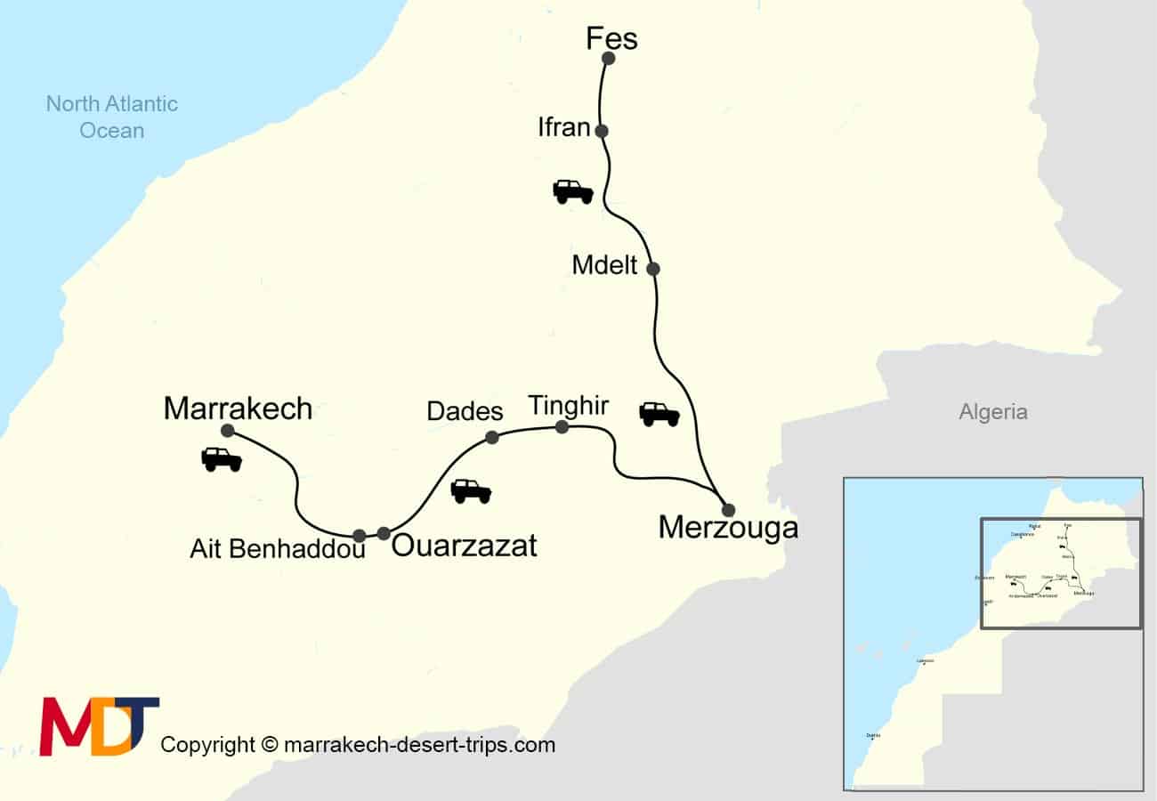 Map of Fes to Marrakech Desert Tour