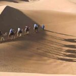 Caravan of camels with riders casting long shadows on sandy dunes during a Marrakech to Fes desert tour.