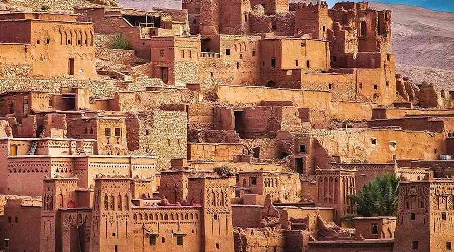 Close-up view of the historic Kasbah Ait Ben Haddou in Morocco, a key cultural site on the Shared Marrakech to Merzouga tours.