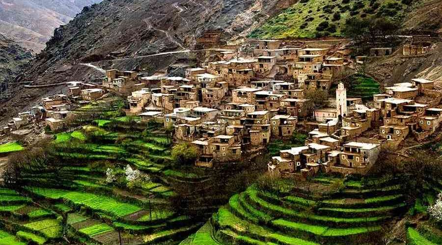 Ancient Berber village nestled amidst green terraced fields in the Atlas Mountains, Morocco.