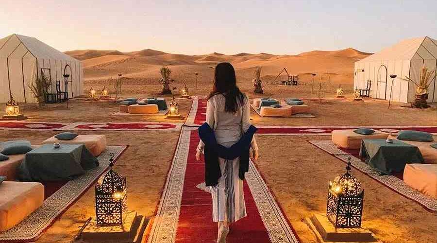 Luxury Sahara desert camp where you will stay during your Marrakech to Fes desert tour 3 days