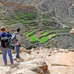 Two hikers observing terraced agriculture in the Atlas Mountains on a day trip from Marrakech