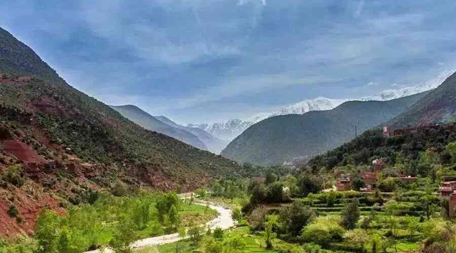 Lush green Ourika Valley with a flowing river, nestled between red Atlas Mountains under a clear blue sky.