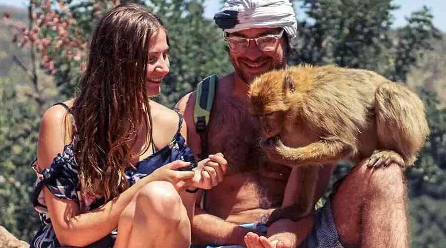 Tourists interacting with a Barbary macaque at Ouzoud Falls.