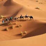 Caravan of camels with riders trekking across the sweeping dunes of the Sahara Desert at sunrise.