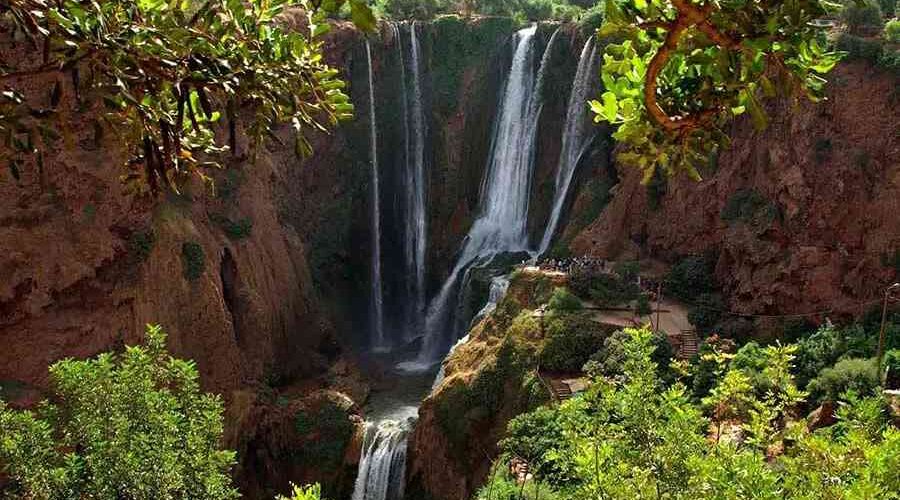 Ouzoud Waterfalls framed by verdant foliage under a bright blue sky.