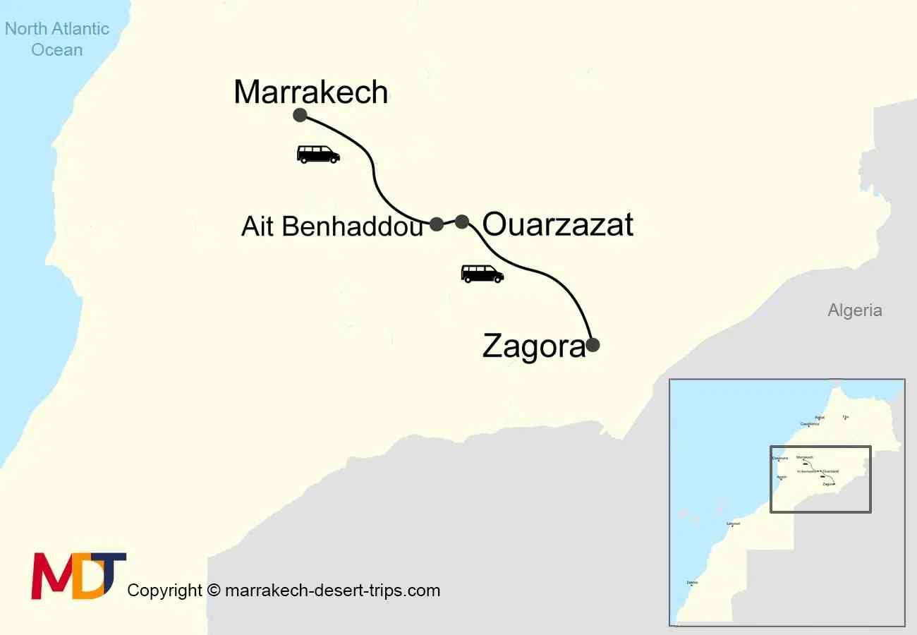 Map outlining the route from Marrakech to Zagora via Ait Benhaddou and Ouarzazate for the shared 2-day desert tour.