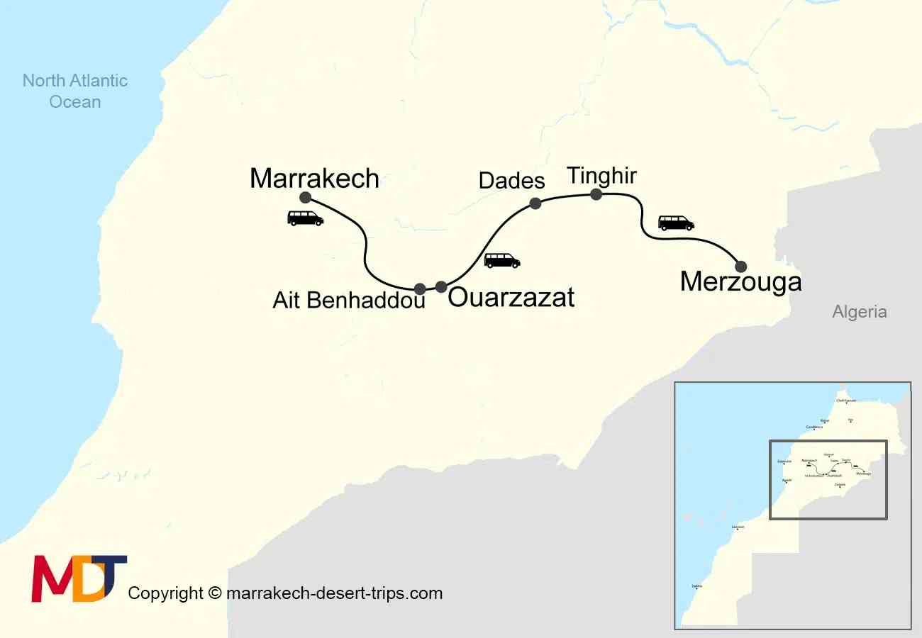 Map outlining the Marrakech to Merzouga 3-day desert tour route with stops at Ait Benhaddou, Ouarzazate, Dades, Tinghir, and Merzouga.