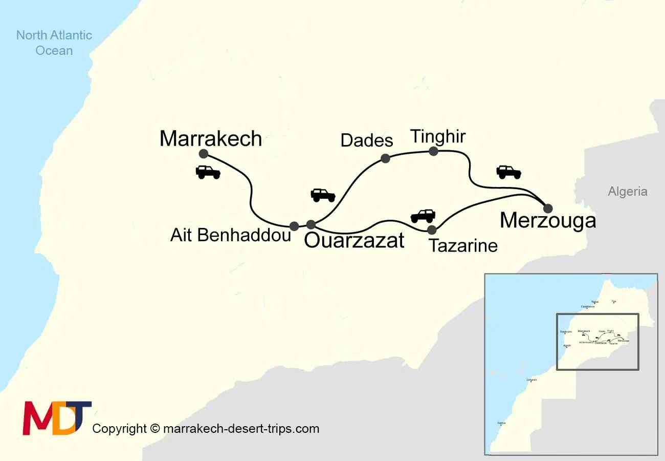 3 Days desert tour from Marrakech itinerary map