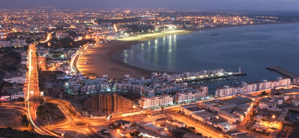 Agadir coast aerial view at night