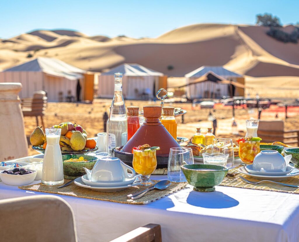 Breakfast at a luxury Sahara desert desert camp in Merzouga