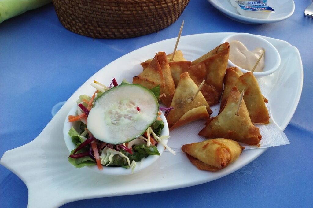 Crispy Moroccan Briouates served with a side salad and dipping sauce on a white plate.