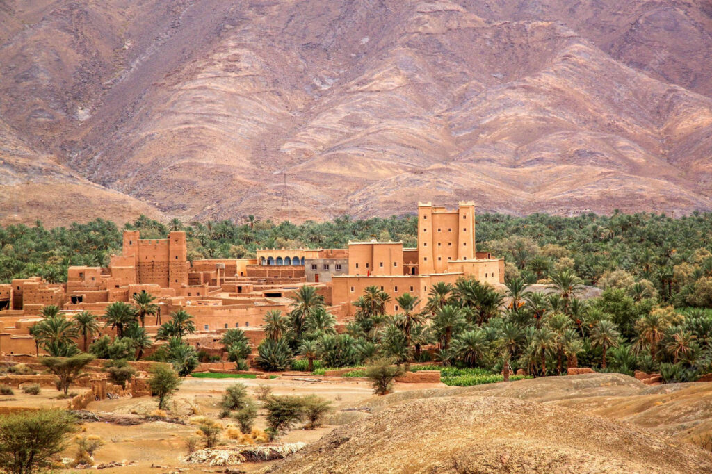 Draa Velley palm oasis with Kasbah in the center