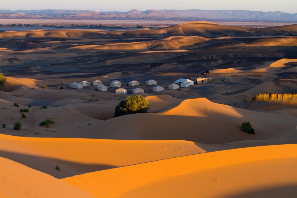 Panoramic view of a Merzouga luxury Sahara desert camp