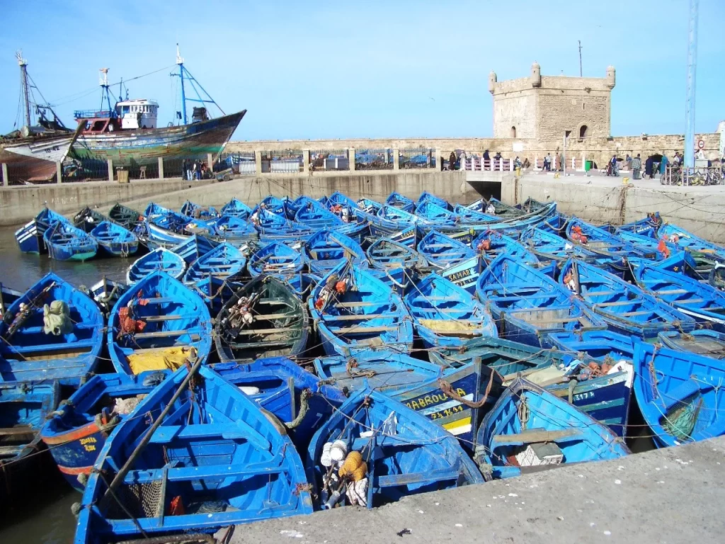 Essaouira fishermen port with blue boats aligned in order