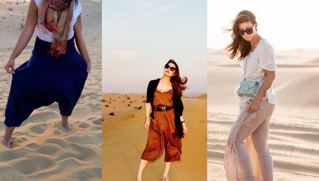 Three women showcasing different outfits suitable for a Sahara Desert tour in Morocco.