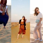 Three women showcasing different outfits suitable for a Sahara Desert tour in Morocco.