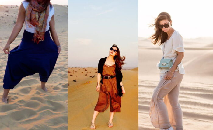 Three women showcasing different outfits suitable for a Sahara Desert tour in Morocco.