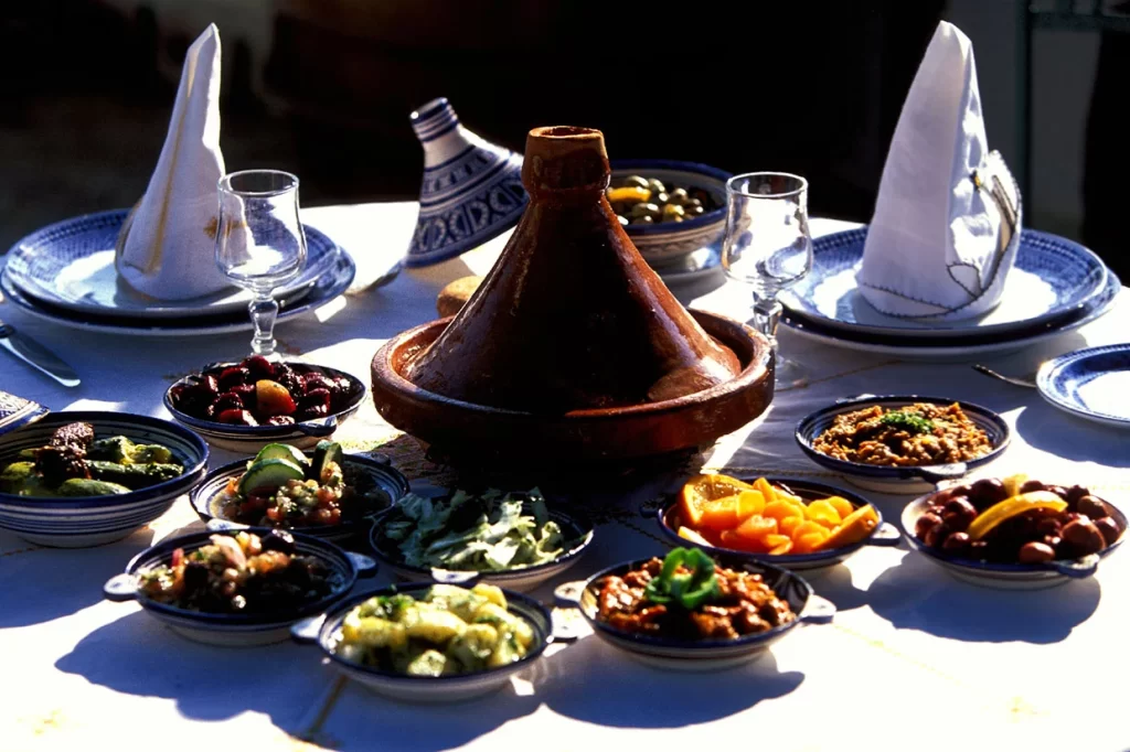 Moroccan Salads and Tagine in the center
