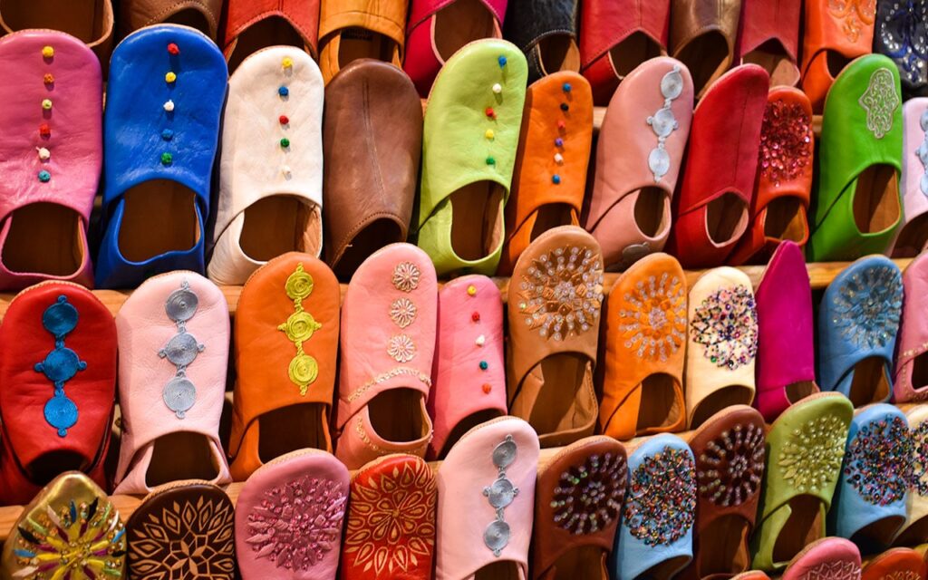 Moroccan traditional leather slippers ( Babouches ) in different colours