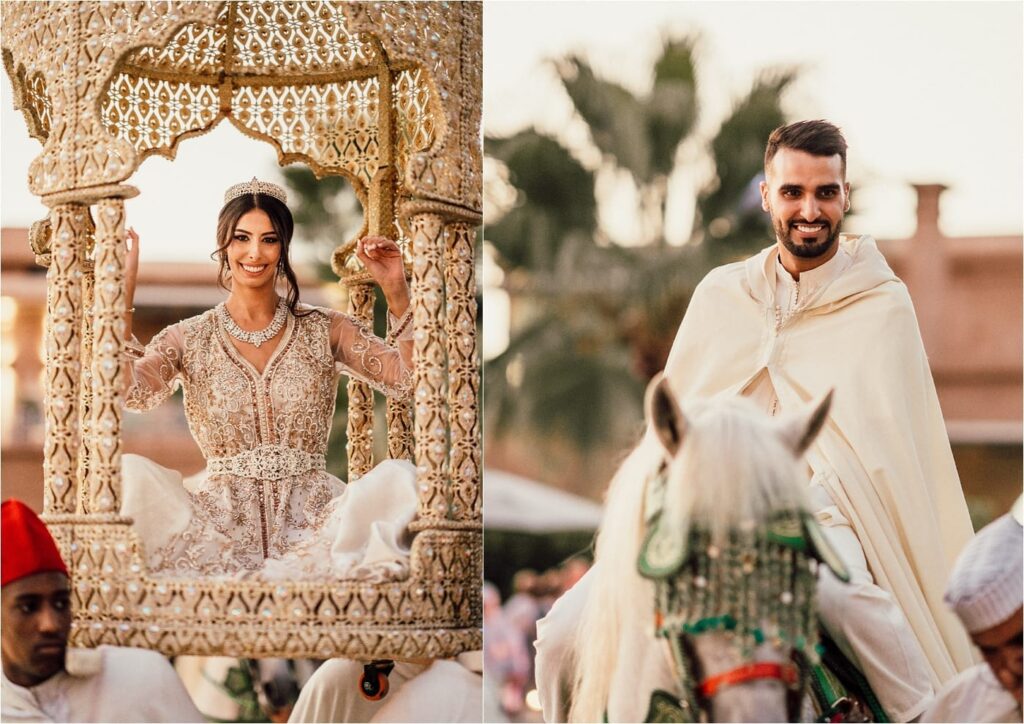 Bride in an ornate amaria and groom on horseback in traditional attire at a Moroccan wedding celebration."
