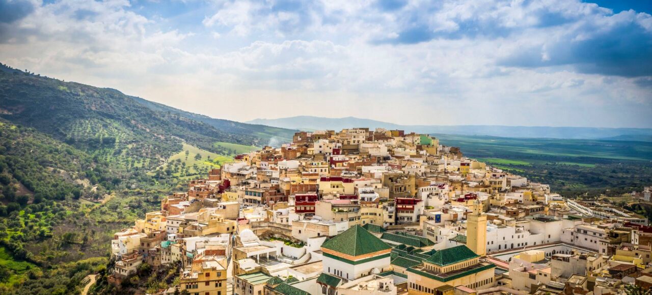 Scenic aerial view of Moulay Driss Zerhoun, the holy town perched on the hills of Morocco.