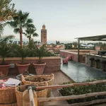 Marrakech roof top restaurant with a view over La Koutobia Tower