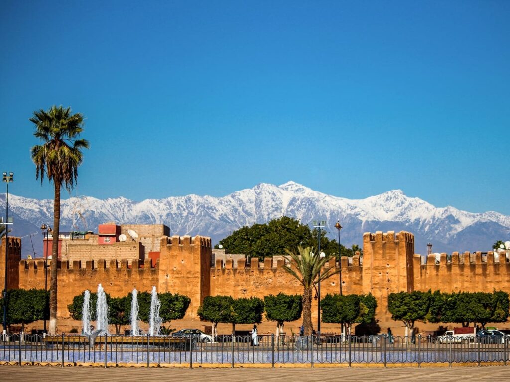 Taroudant Medina walls with snow-capped Atlas Mountains in the backdrop