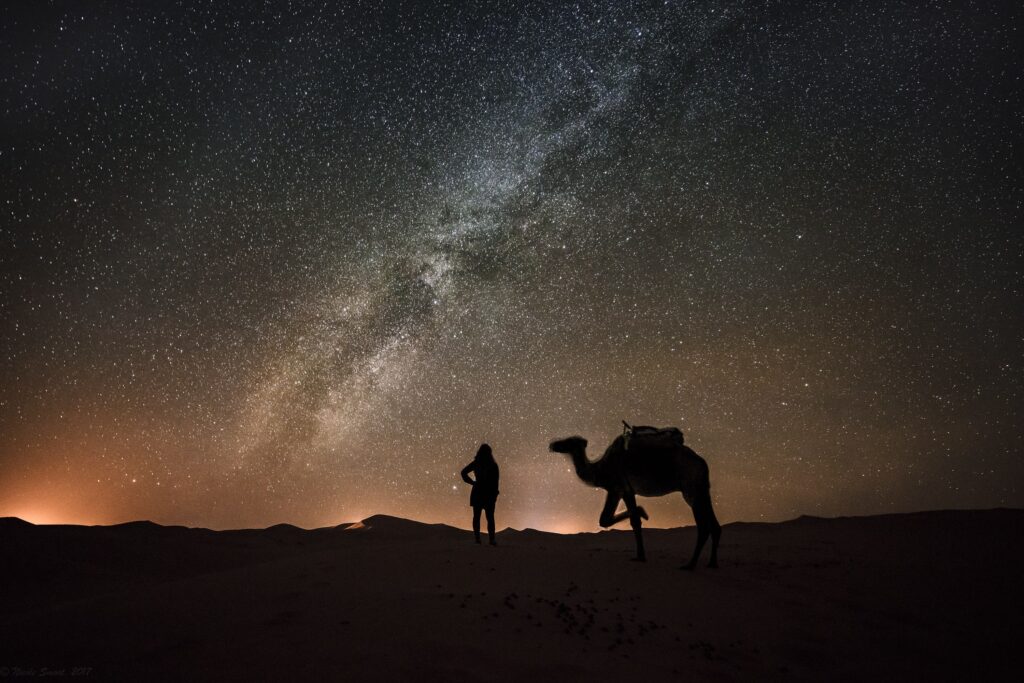 Stargazer and camel silhouette against the Milky Way in the Sahara Desert, Morocco.
