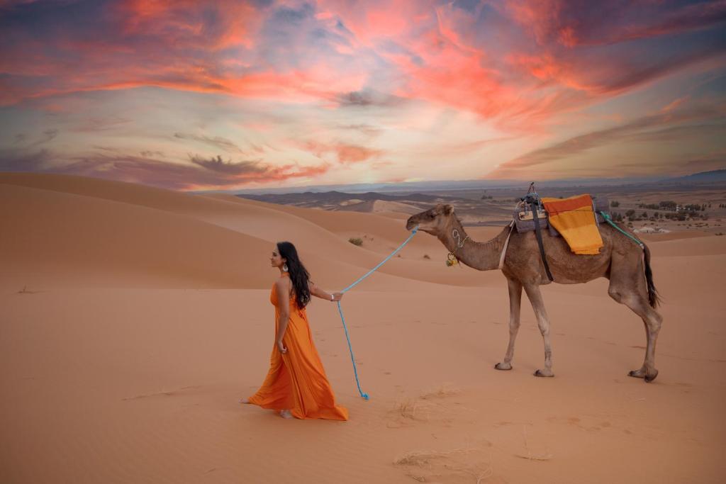 Woman leadin a camel in Merzouga dunes during sunset