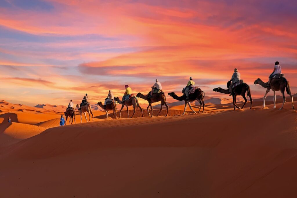 A group of tourists taking a sunset camel ride in Erg Chebbi dunes