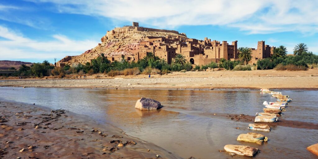 Kasbah Ait Ben Haddou across the river with stepping stones