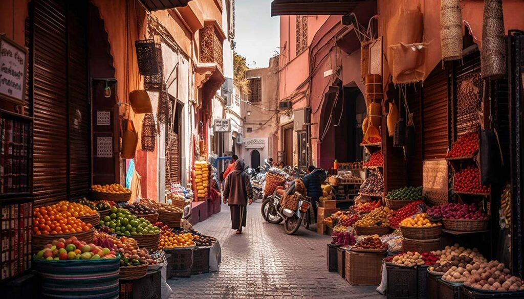 A bustling Moroccan market alley lined with vibrant fruit stalls and local shoppers during Ramadan.