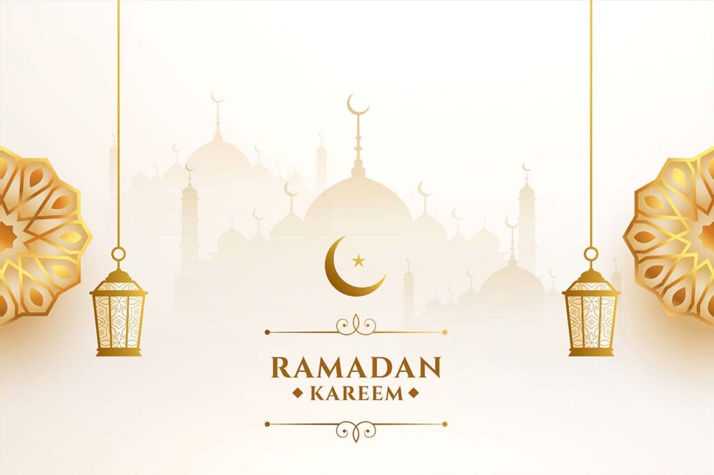 Elegant Ramadan Kareem greeting with golden lanterns, crescent moon, and mosque silhouette design on a soft beige background.