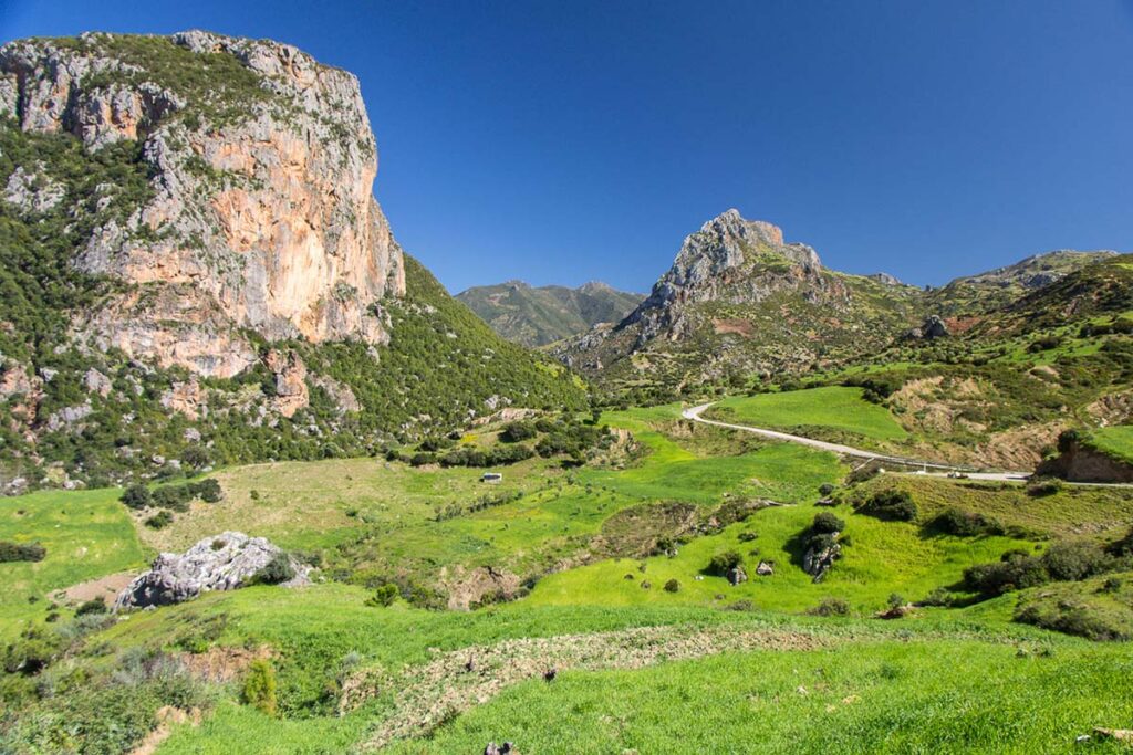 Scenic landscape of the Rif Mountains near Chefchaouen, Morocco, featuring lush green meadows, rugged mountain peaks, and a winding road under a clear blue sky.
