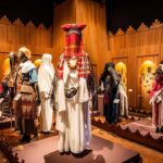 Assortment of traditional Berber costumes on display at the Yves Saint Laurent Berber Heritage Museum.