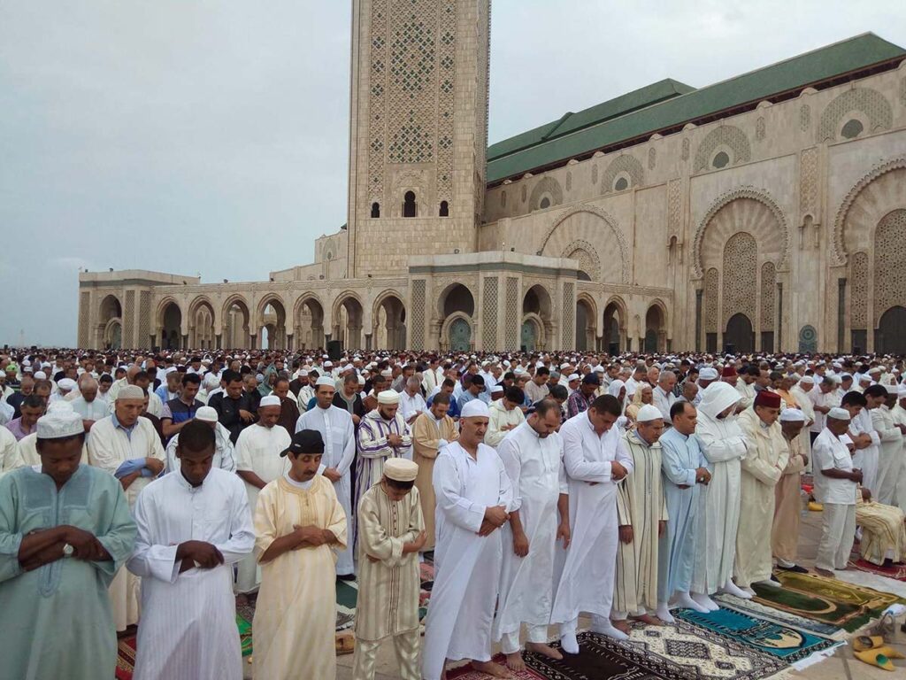 Worshippers gather for Eid prayers at a grand Moroccan mosque