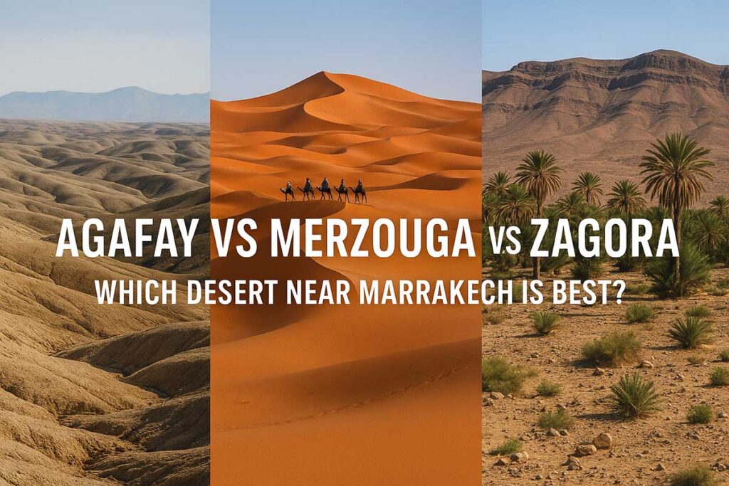 Agafay rocky desert, Merzouga high dunes, and Zagora palm groves compared side by side near Marrakech.