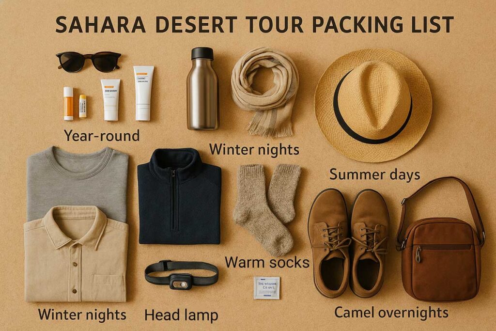 Flat lay of Sahara Desert tour packing list with layers, hat, sunscreen, and closed shoes.
