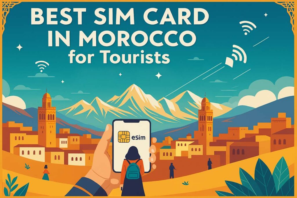 Best SIM card in Morocco for tourists 2025—eSIM vs physical guide with Marrakech skyline and Atlas Mountains