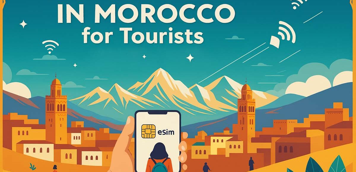 Best SIM card in Morocco for tourists —eSIM vs physical guide with Marrakech skyline and Atlas Mountains