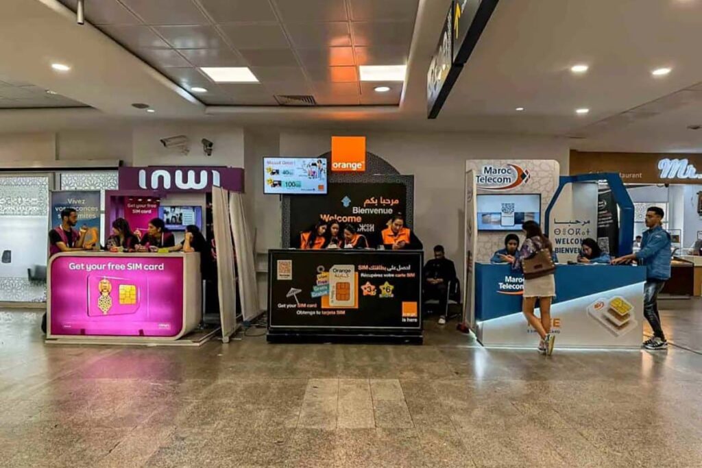 SIM card kiosks at Casablanca Mohammed V Airport—Orange, Inwi, and Maroc Telecom